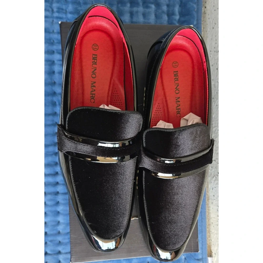 Bruno Marc Mens Black Patent Velvet Loafers Dress Shoes SBLS2407M Size 9.5 New‎